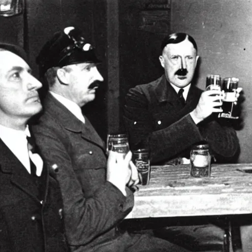 Image similar to Adolf Hitler as a prisoner, drinking a beer