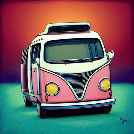 Image similar to retro painting illustration of a volswagen van, 2 d, pastel color, retro style art, trendy on artstation