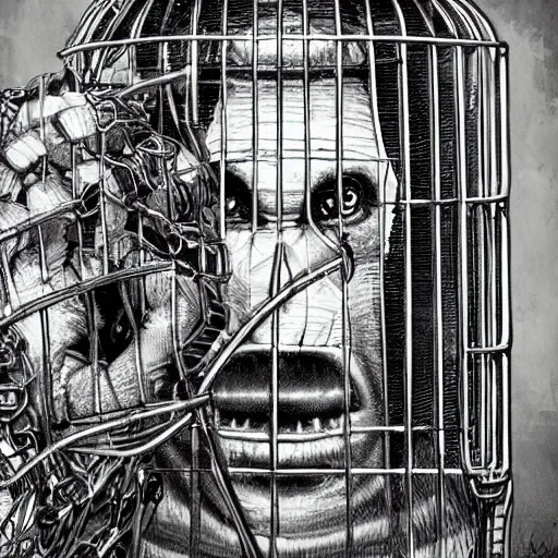 Prompt: a photorealistic, hyper detailed, of a cybernetic monkey that is in a cage in a lab