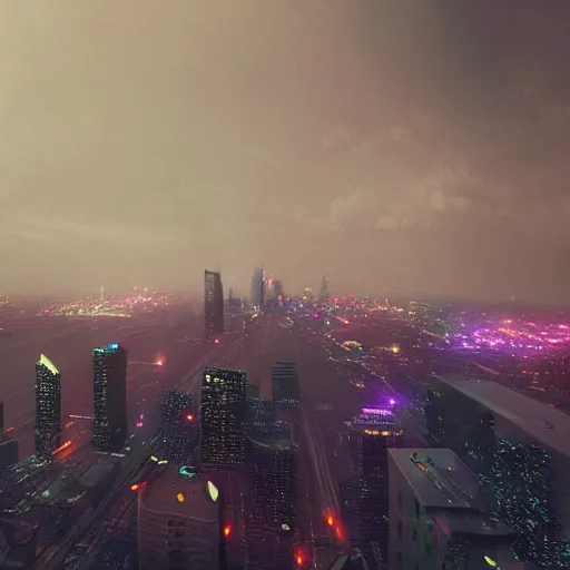 Image similar to bladerunner style dallas skyline picture, beksinski and cyberpunk 2 0 7 7 style