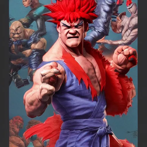 Image similar to david koechner as akuma street fighter, high kick, 4 k, ultra realistic, detailed focused art by artgerm and greg rutkowski and alphonse mucha