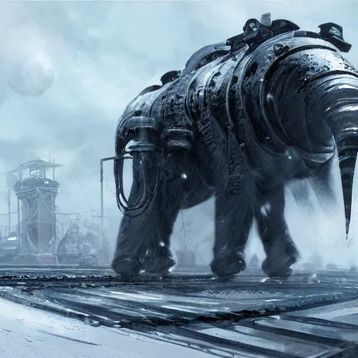 Image similar to an intricate futuristic black steam train and a giant mammoth, post - apocalyptic ice landscape in snowstorm, concept art, artstation, highly detailed, digital art