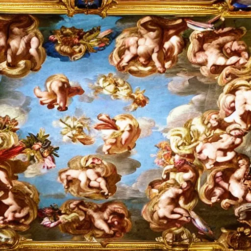 Image similar to A baroque painting of dogs running in fields of flowers, painted on the ceiling of a basilica by Michelangelo, gold and red color palette
