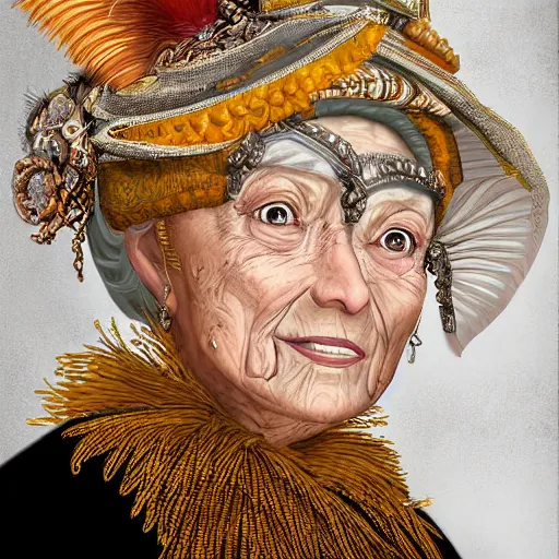 Prompt: portrait headshot digital painting of a old 17th century old lady cyborg merchant, amber jewels, clorful feathers, baroque ornate clothing