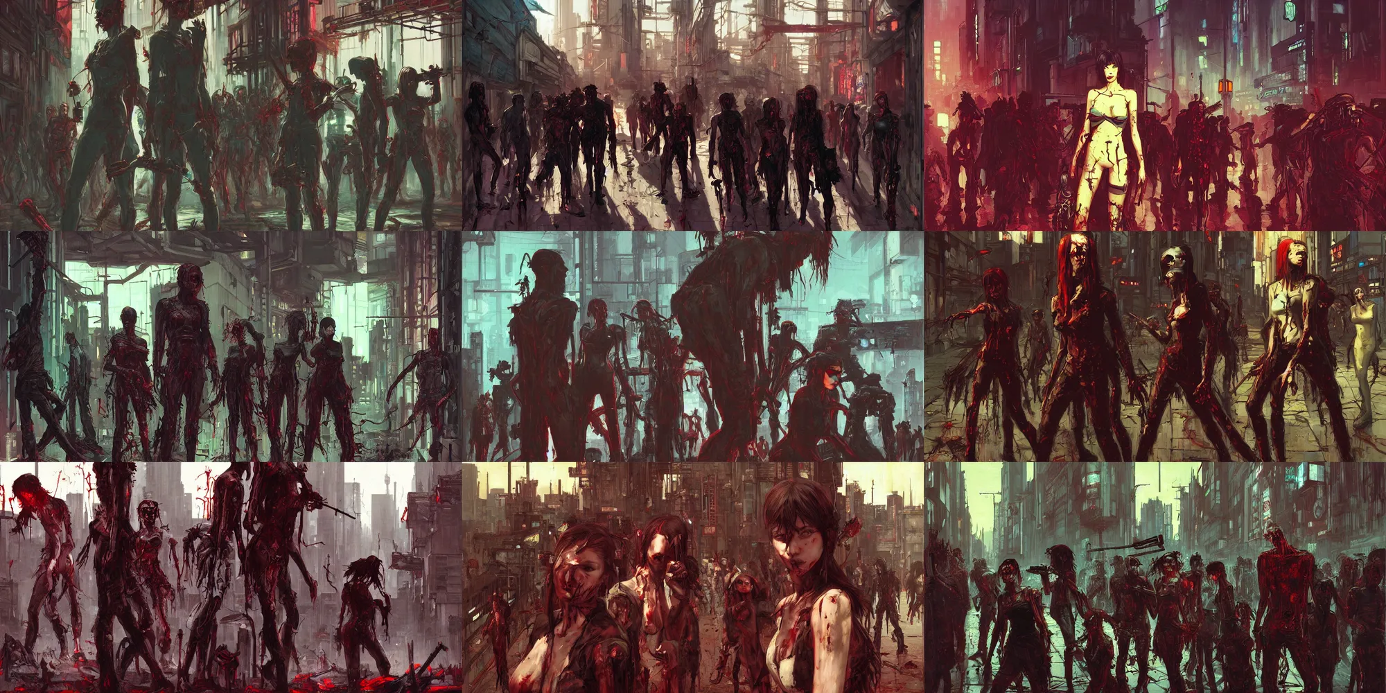 Prompt: A cyberpunk zombie horde painted by John William Waterhouse and Ilya Kuvshinov and Edward Hopper. HD