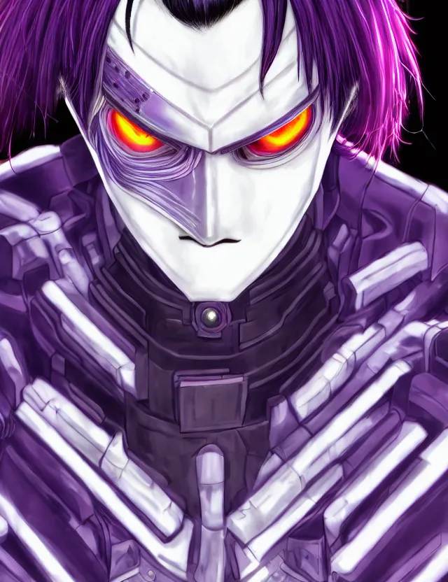 Image similar to a detailed manga portrait of a black haired man with a cybernetic body and face mask with purple fiery streaks, trending on artstation, digital art, 4 k resolution, detailed, high quality, sharp focus, hq artwork, coherent, insane detail, character portrait