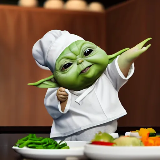 Prompt: hungry chubby babyfat baby yoda as chef wearing white chefs hat and white apron, giving thumbs up next to a plate of food, vegetables, photography, hyperrealism, unreal engine, octane 3 d render, houdini, unity 3 d, highres, adobe premier pro, trending on artstation, trending on deviantart, thisistheway