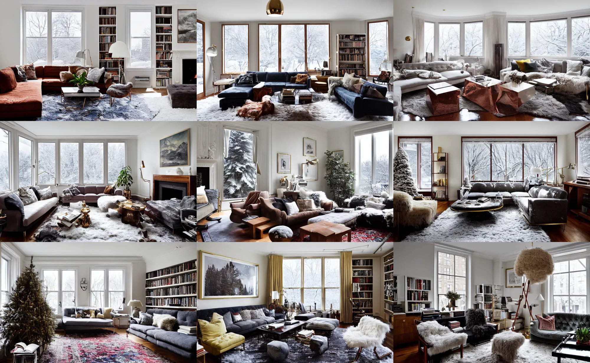 Prompt: wide angle photograph, atmospheric, winter snow, detailed, realistic lighting, sunlight, reflections, award winning contemporary interior design by kelly wearstler and nate berkus, living room, city apartment, cozy calm! fabrics textiles, books, paintings, colorful accents, brass copper, many light sources, lamps, oiled hardwood floor, plants, book shelves, couch, desk, mirrors