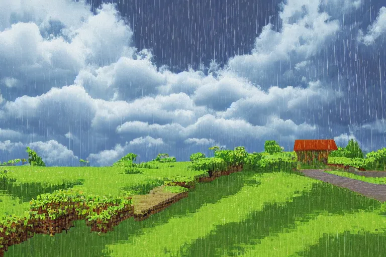 Image similar to landscape, summer, rain, evening, beautiful cloud, quiet, no people, sharp focus, intricate, trending on artstation, trending on deviantart, pixelart, pixelperfect, pixel art, pixel, color limit, nearest neighbor, hard edges