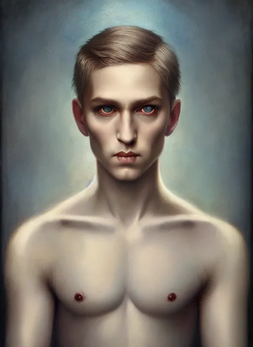 Image similar to an unnerving portrait of a male with beautiful blue eyes and short blond hair, art tom bagshaw