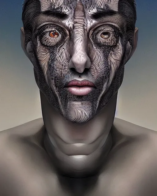 Image similar to surrealist portrait art in the styles of igor morski, jim warren, and manzel bowman, intricate, hyperrealistic, accurate facial details, profile picture with chromakey!!!!! background, volumetric lighting