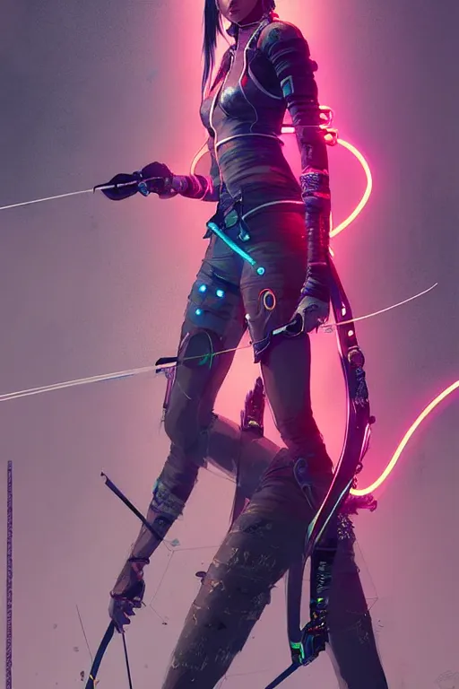 Image similar to female archer, cyberpunk futuristic neon. fencing, long sword in her hand, decorated with traditional japanese ornaments by ismail inceoglu dragan bibin hans thoma greg rutkowski alexandros pyromallis nekro rene maritte illustrated, perfect face, fine details, realistic shaded, fine - face, pretty face, masterpiece