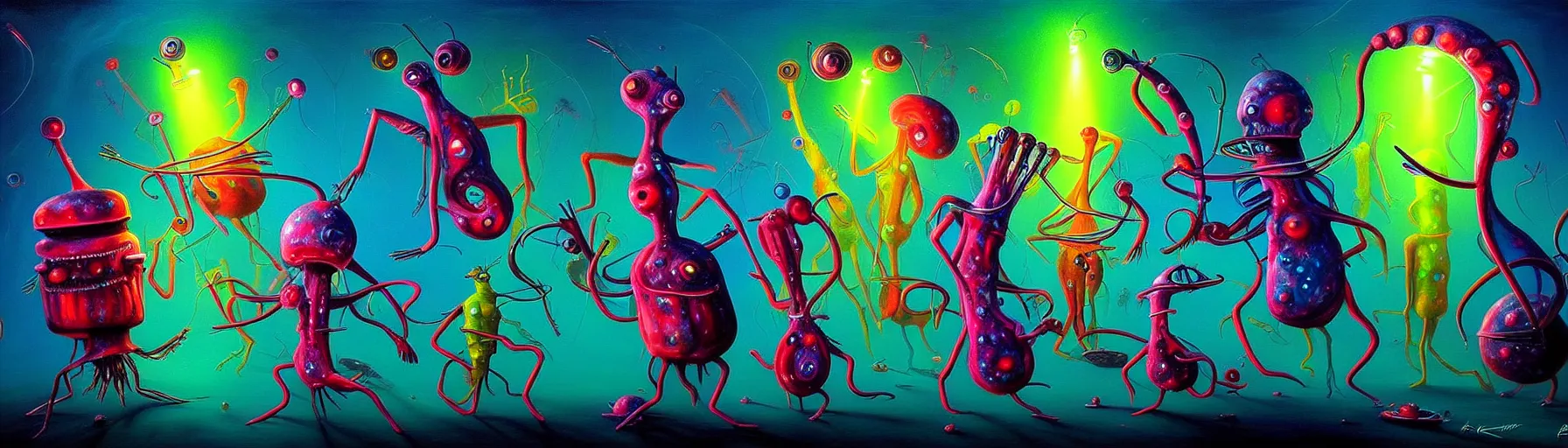 Image similar to strange plankton creatures from the depths of the collective unconscious, dramatic lighting, surreal darkly colorful painting by ronny khalil