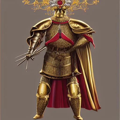 Image similar to detailed photorealistic painting of a capybara, wearing a ultra detailed ornamented gold crown with diamonds, in a highly detailed medieval knight armor with red cape, standing in front of a photorealistic detailed castle, sharp focus in the style of ruan jia, Mandy jurgens, cinematic light, concept art, trending on artstation, ultra realistic, 8k octane render, unreal engine