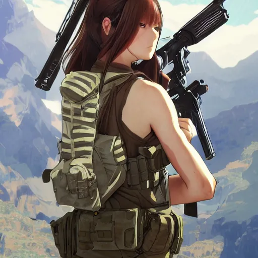 Image similar to soldier girl, mission extraction point, anime style, long hair, hair down, symmetrical facial features, girls frontline cg, hyper realistic, pale skin, 4 k, rule of thirds, extreme detail, detailed drawing, trending artstation, hd, backpack, d & d, by alphonse mucha, greg rutkowski, sharp focus, backlit