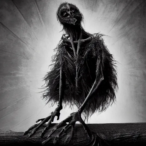 Image similar to a haunting human bird creature with broken limbs, horrifying ultra detailed photograph with dramatic lighting and fur and hair and bones and nightmares