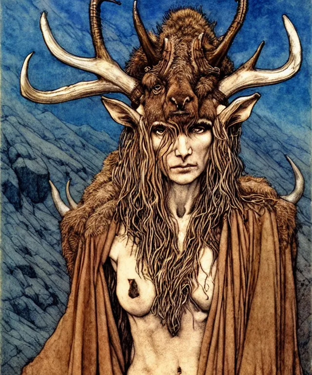 Image similar to by Rebecca Guay. A detailed horned antelopewoman stands among the mountains. Wearing a ripped mantle, robe. Perfect faces, extremely high details, realistic, fantasy art, solo, masterpiece, art by Zdzisław Beksiński, Arthur Rackham, Dariusz Zawadzki