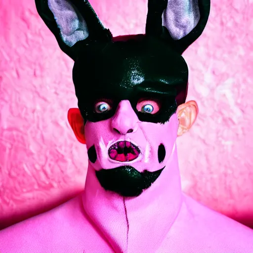 Image similar to bad bunny dressing up as a demon for halloween, artistic, pink pastel, realistic, close up, varying angles