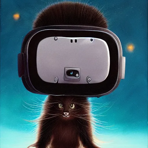 Prompt: cute long haired cat wearing a virtual reality headset, standing upright holding vr controllers playing vr game, detailed painting in the style of ralph mcquarrie 4 k