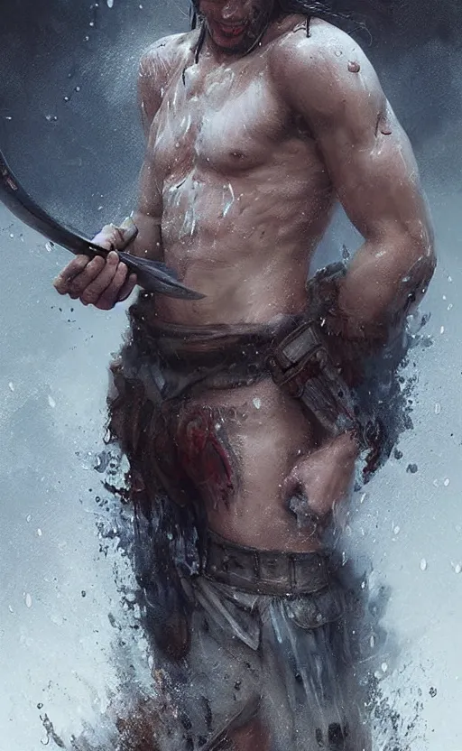 Image similar to The most beautiful young warrior guy in the world crying water,digital art,ultra realistic,ultra detailed, ultra wide Lens, art by greg rutkowski