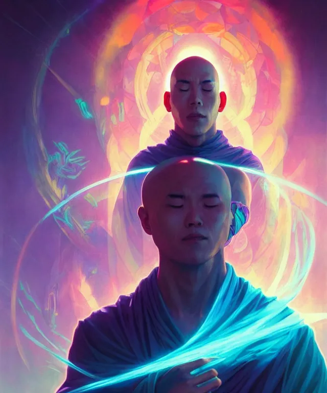 Image similar to a floating monk, meditating, wearing netrunner clothing, vaporwave aesthetic, colorful, psychedelic, digital painting, artstation, concept art, smooth, sharp focus, illustration, art by artgerm and greg rutkowski and alphonse mucha