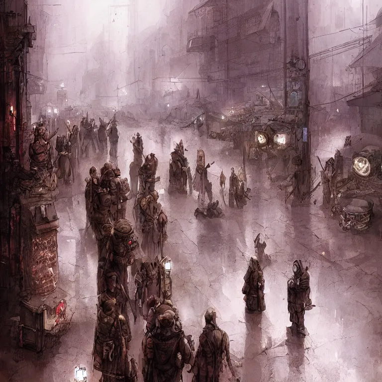 Image similar to the souls of dead soldiers waiting in a lone bus stop in quiet dark city, by marc simonetti