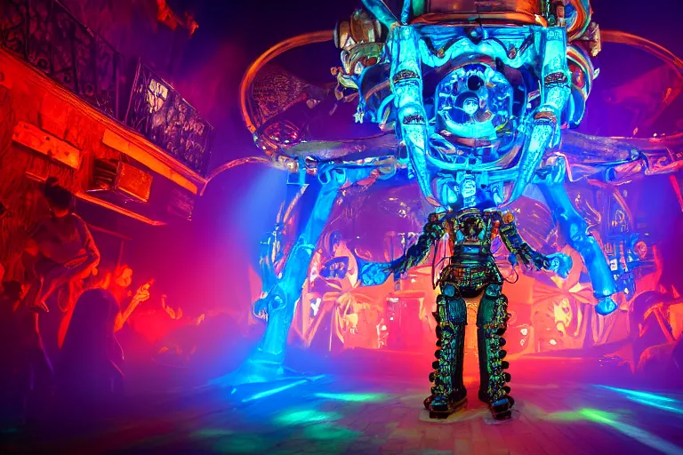 Prompt: scene is la troya party in amnesia in ibiza, portrait photo of a giant huge golden and blue metal steampunk robot, with gears and tubes, eyes are glowing red lightbulbs, shiny crisp finish, 3 d render, 8 k, insaneley detailed, fluorescent colors, haluzinogetic, background is multicolored lasershow