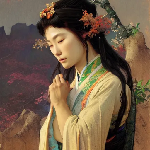 Image similar to Concept art, ancient Chinese girl, 8k, by james gurney, greg rutkowski, and john howe, background by alphonse mucha, artstation