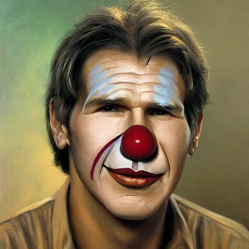 Prompt: stunning serene portrait of a young Harrison Ford wearing a clown suit by Mark Arian, oil on canvas, masterpiece, realism, piercing gaze, autumn bokeh