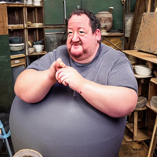 Prompt: johnny vegas sitting making a very large clay teapot, art school, studio, wet clay, ceramics, pottery wheel, Michael Joseph Pennington, photorealistic