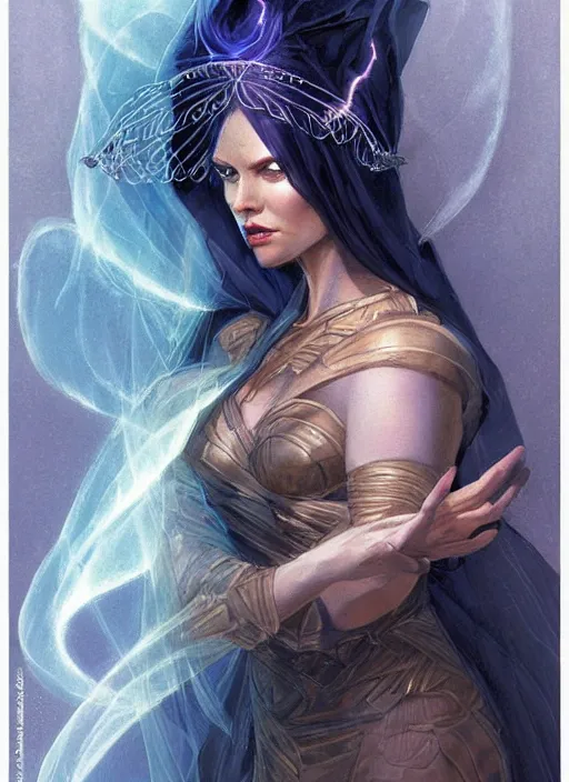 Image similar to portrait of mighty plump female sorceress, blue tiara and veil, lightning halo, strong line, muted color, beautiful! coherent! by brom