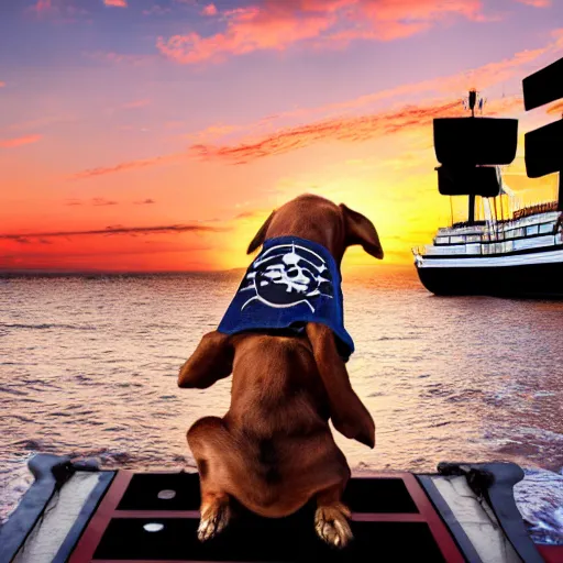 Image similar to a dog dressed like a pirate on a ship at sea at sunset