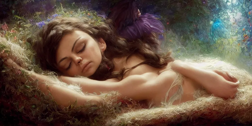 Image similar to Mila Kunis falling asleep, Lilia Alvarado, Sophie Anderson, Mark Arian, Bob Byerley, Charlie Bowater, Mark Brooks, Steve Henderson, Justin Gerard, Arthur Hughes, Edward Robert Hughes, Mark Keathley, Victor Nizovtsev, Carlos Shwabe, Ross Tran, WLOP