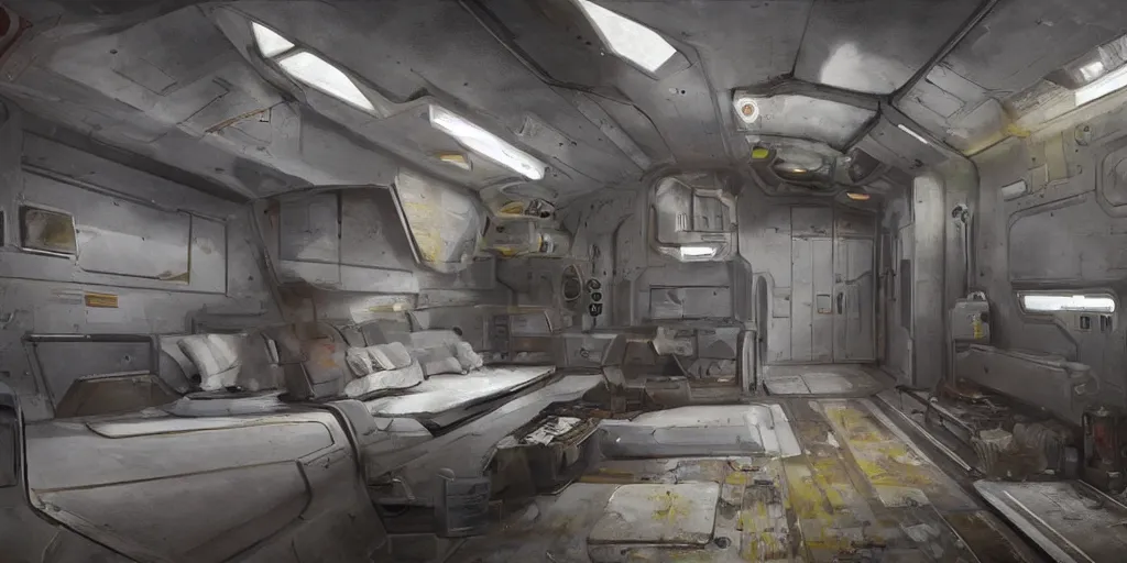 Image similar to faded steel industrial spaceship cramped living quarters painted clean interior room sci - fi