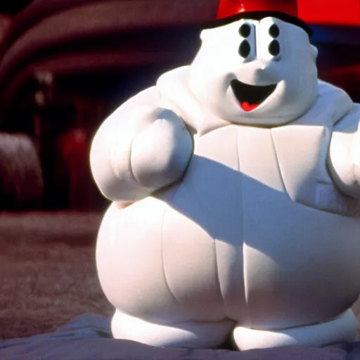 Prompt: film still of john candy as stay puft marshmallow man in ghostbusters