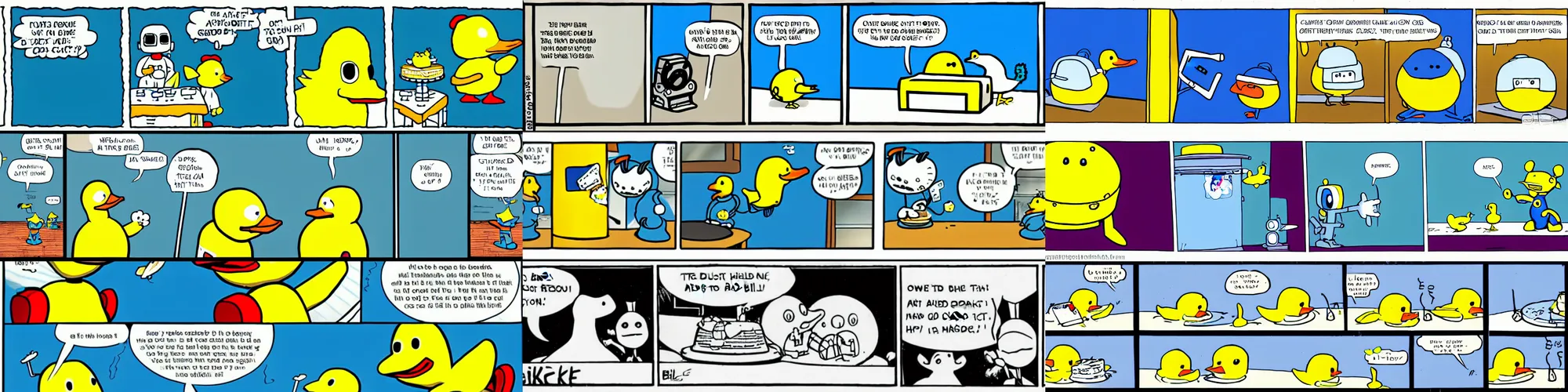 Prompt: short cartoon strip, blue cute robot bakes a cake for this friend the yellow duck, by bill watterson