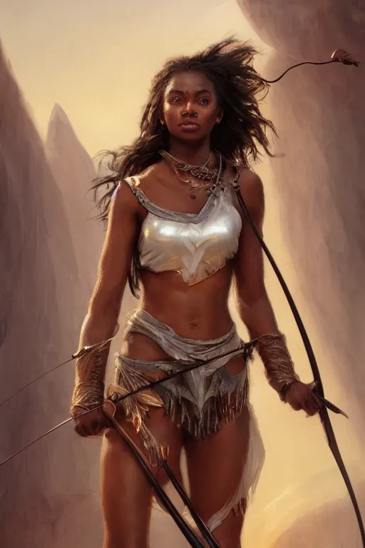 Image similar to artstation concept of a beautiful girl holding a bow and arrow, brown skin, sweaty skin, symmetrical face, casual white garment, white desert background, shiny colorful, hyperdetailed, artstation trending, world renowned artists, worth1000.com, cgsociety, by greg rutkowski, by Gustave Doré, Deviantart