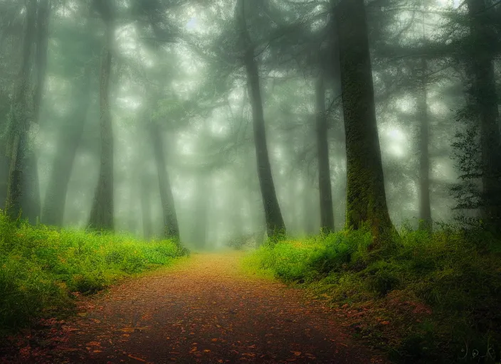 Prompt: Peaceful forest scenery, foggy, photorealistic, HD, 8k