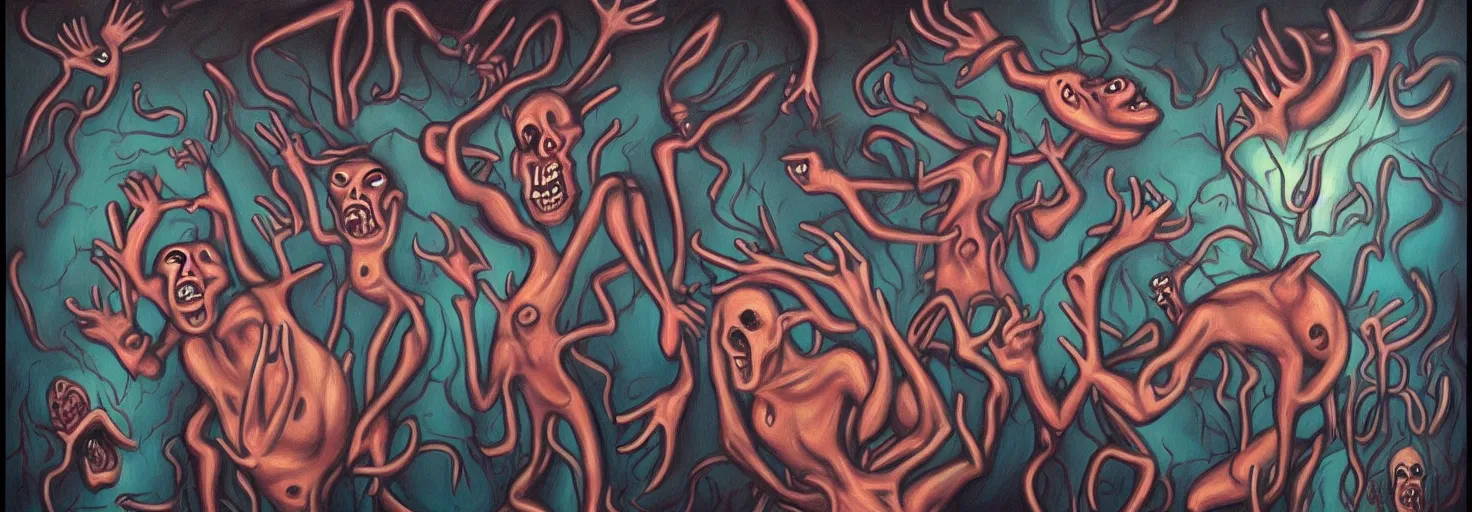 Image similar to visceral freaky obsessive monsters from the darkest depths of collective unconscious, dramatic glowing lighting, 1 9 3 0 s fleischer cartoon characters, wild emotional expressions - surreal painting by ronny khalil