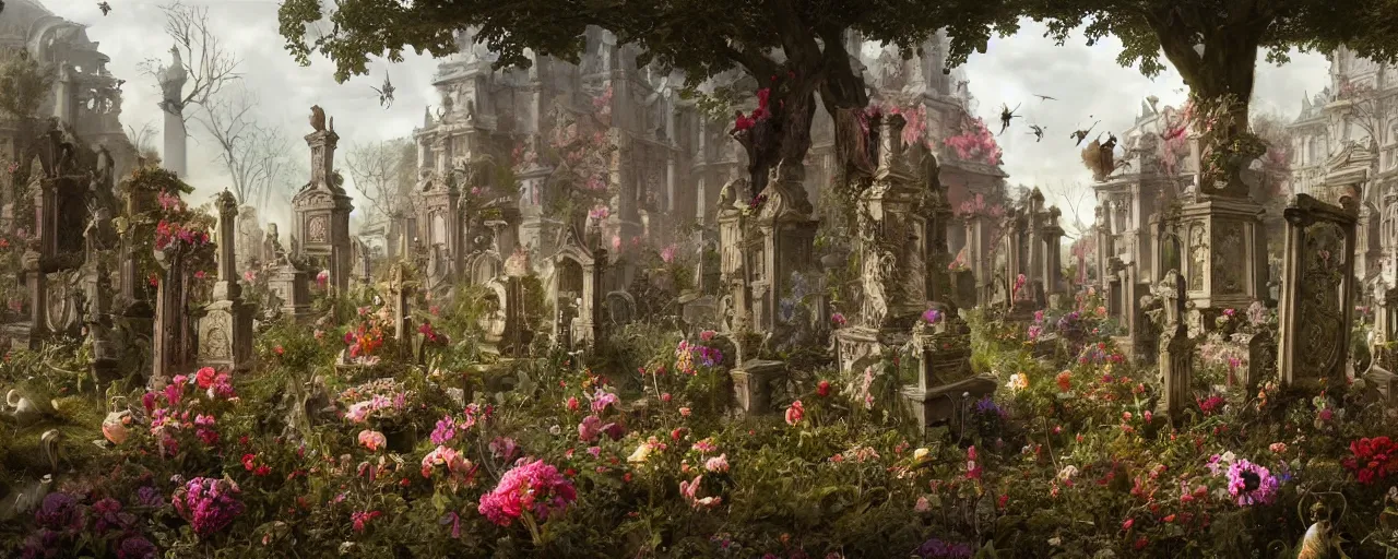 Prompt: 'Life from death' An aesthetic horror baroque painting depicting 'A graveyard with plants and flowers growing, birds and insects flying around' by Wayne Barlowe and Jan Brueghel the Elder, Trending on cgsociety artstation, 8k, masterpiece, cinematic lighting, vibrant colors.