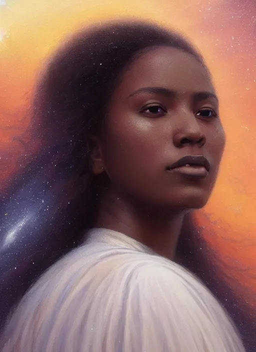 Prompt: oil painting close up portrait of a contemplative young black woman with long flowing hair in a white dress, with white roses, surrounded by colorful nebula stardust galaxies at sunset, hazy, digital art, chiaroscuro, artstation, cinematic, golden hour, concept art, digital art painting by greg rutkowski, william - adolphe bouguereau, hazy atmosphere, cinematic lighting