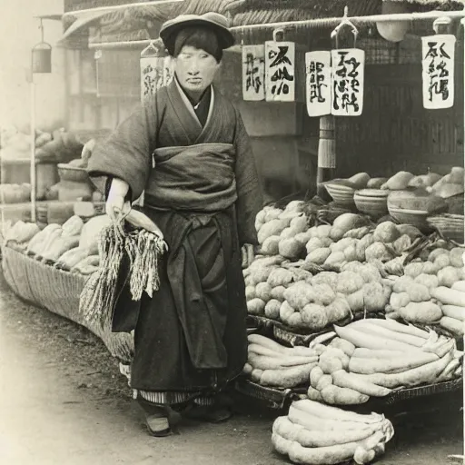 Image similar to Portrait of a 19th century Japanese vegetable trader at a Kyoto street market, 1900s photography