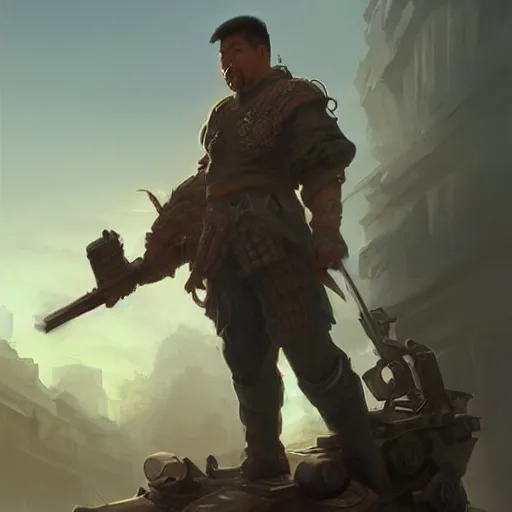 Image similar to side profile of a filipino man sitting on a tank wielding a scepter, highly detailed, d & d, fantasy digital painting, trending on artstation, concept art, sharp focus, illustration, volumetric light, intricate, matte, art by artgerm and greg rutkowski