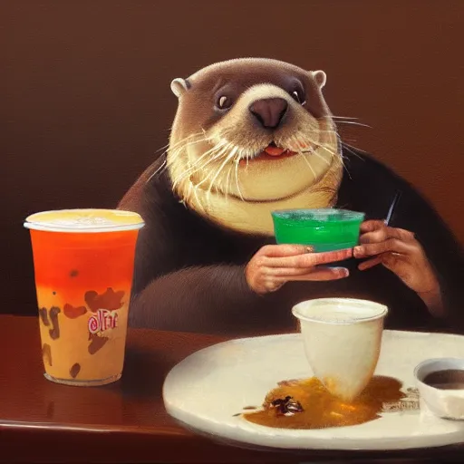 Prompt: Norman Rockwell painting of a fat otter drinking boba tea in a cafe by the beach, artstation, furaffinity, high res, 4k