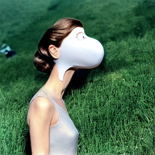 Prompt: glamorous woman with an inflatable nose, long snout, in the hillside, 1974 arthouse film, archival footage, technicolor film