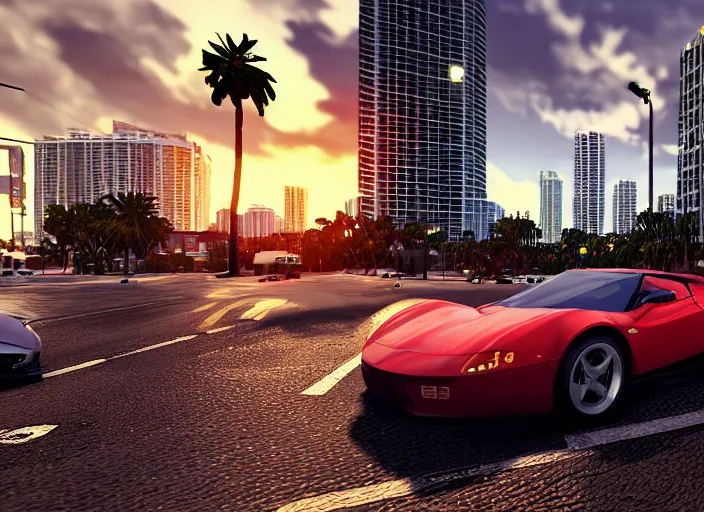 Prompt: still next - gen ps 5 game grand theft auto 6 2 0 2 4 remaster, graphics mods, rain, red sunset, people, rtx reflections, gta vi, miami, palms and miami buildings, photorealistic screenshot, unreal engine, 4 k, 5 0 mm bokeh, close - up concept sport car!, gta vice city remastered, artstation