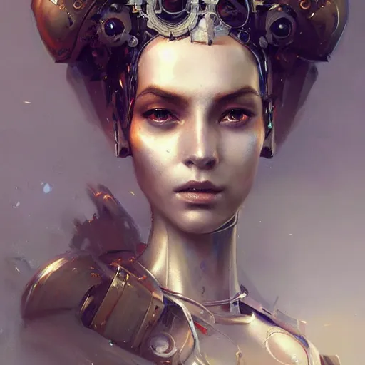 Image similar to a beautiful portrait of a robot goddess, a detailed painting by greg rutkowski and raymond swanland, featured on cgsociety, fantasy art, detailed painting, artstation hd, photorealistic