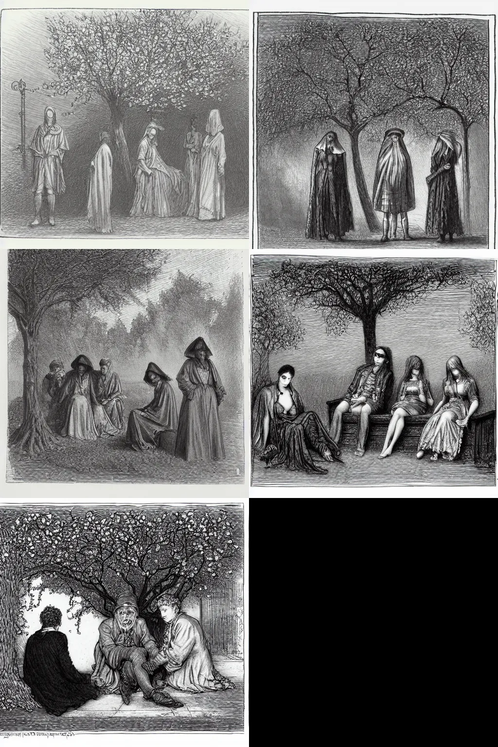 Prompt: an hd drawing by gustave dore. three goths loitering in the shade, talking beneath a cherry tree outside a blockbuster video store.