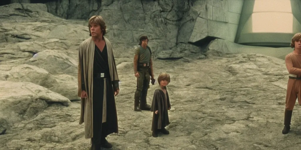 Image similar to screenshot of Luke Skywalker discovers a lost jedi Temple, 1970s sci fi film by Stanely Kubrick film, color kodak, Ektachrome, anamorphic lenses, detailed faces, hyper-realistic, photoreal, detailed portrait, moody cinematography, strange lighting