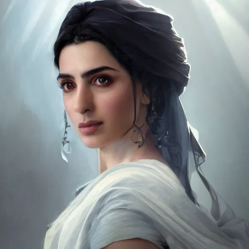 Prompt: a Photorealistic dramatic hyperrealistic render of an arab greek ameera al taweel, blue eyes, black wavy hair, white veil,by WLOP,Artgerm,Greg Rutkowski,Alphonse Mucha, Beautiful dynamic dramatic dark moody lighting,shadows,cinematic atmosphere,Artstation,concept design art,Octane render,8K